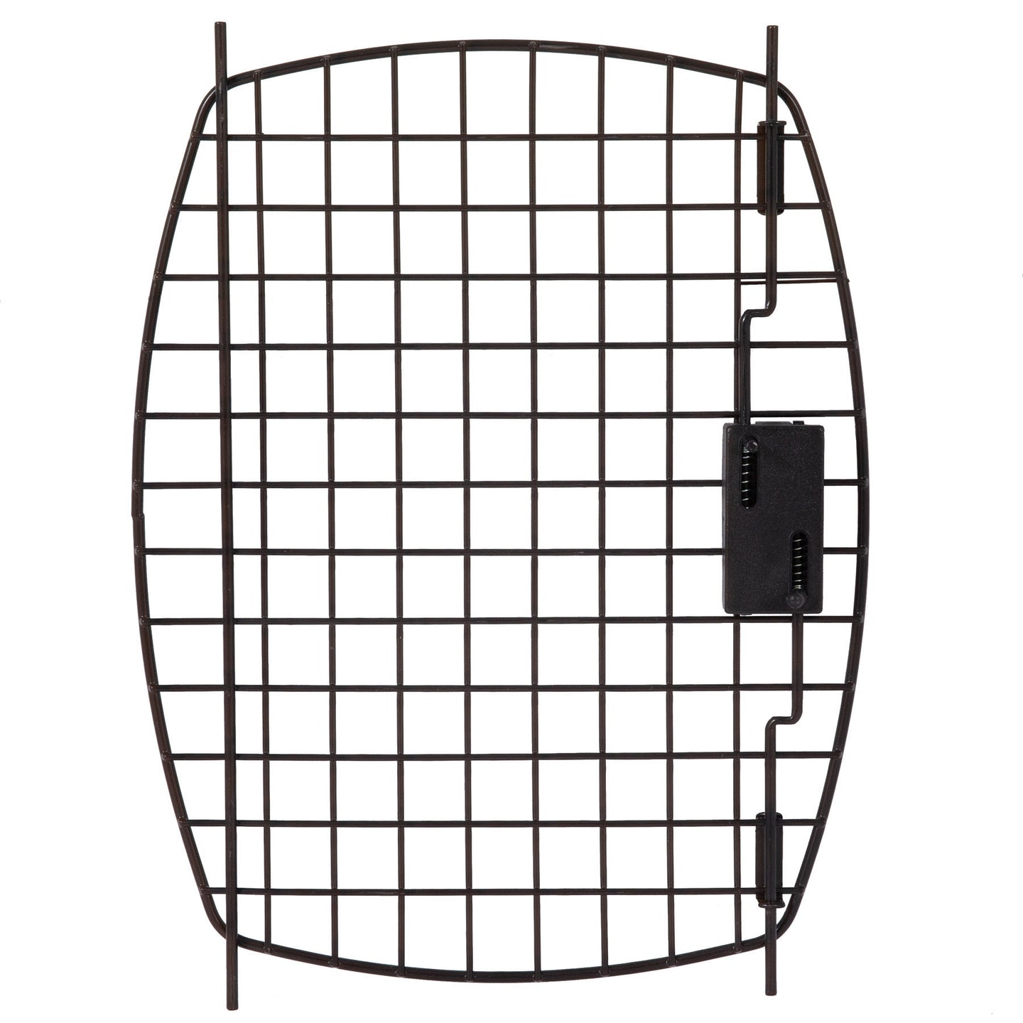 The Black 23 Kennel Replacement Door by Petmate is a sleek black metal grid with a curved rectangular shape and intersecting lines, featuring a latch mechanism on the right side as a replacement for your Petmate Kennel Cab or Aspen Pet Fashion Pet Porter.
