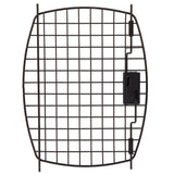 The Black 23 Kennel Replacement Door by Petmate is a sleek black metal grid with a curved rectangular shape and intersecting lines, featuring a latch mechanism on the right side as a replacement for your Petmate Kennel Cab or Aspen Pet Fashion Pet Porter.