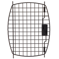 The Black 23 Kennel Replacement Door by Petmate is a sleek black metal grid with a curved rectangular shape and intersecting lines, featuring a latch mechanism on the right side as a replacement for your Petmate Kennel Cab or Aspen Pet Fashion Pet Porter.
