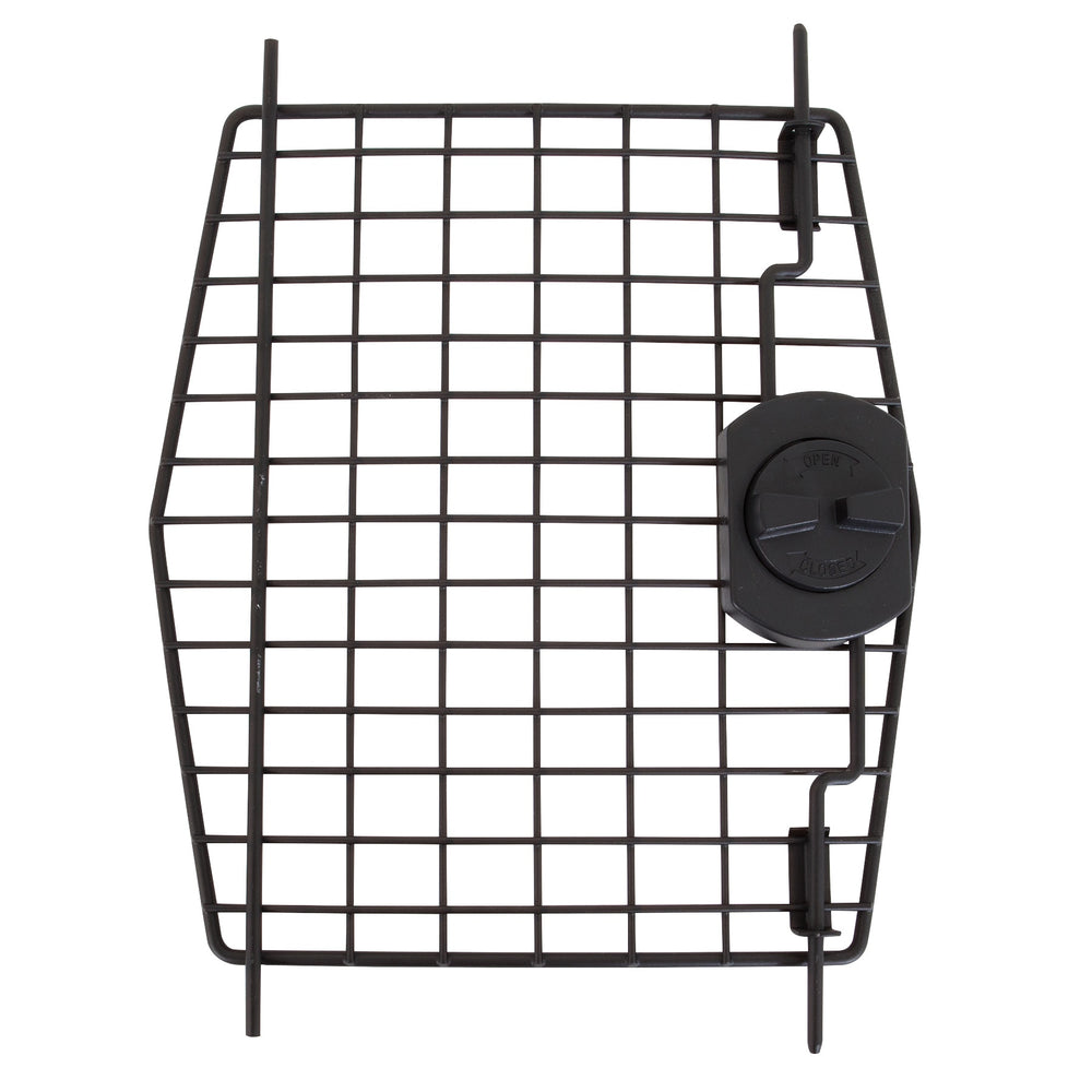 The Petmate Deluxe Vari Kennel Replacement Door is a metal grill with a black circular handle on the right side, featuring off and open markings. Its rectangular grid pattern makes it an ideal medium-size replacement.