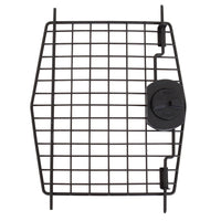 The Petmate Deluxe Vari Kennel Replacement Door is a metal grill with a black circular handle on the right side, featuring off and open markings. Its rectangular grid pattern makes it an ideal medium-size replacement.