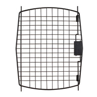 The Petmate Bargain Hound & Aspen Pet New Tradition Kennel Replacement Door, in a rectangular black metal grid design, has a right-side latch. Its horizontal and vertical bars create a mesh pattern, beautifully photographed on a white background.