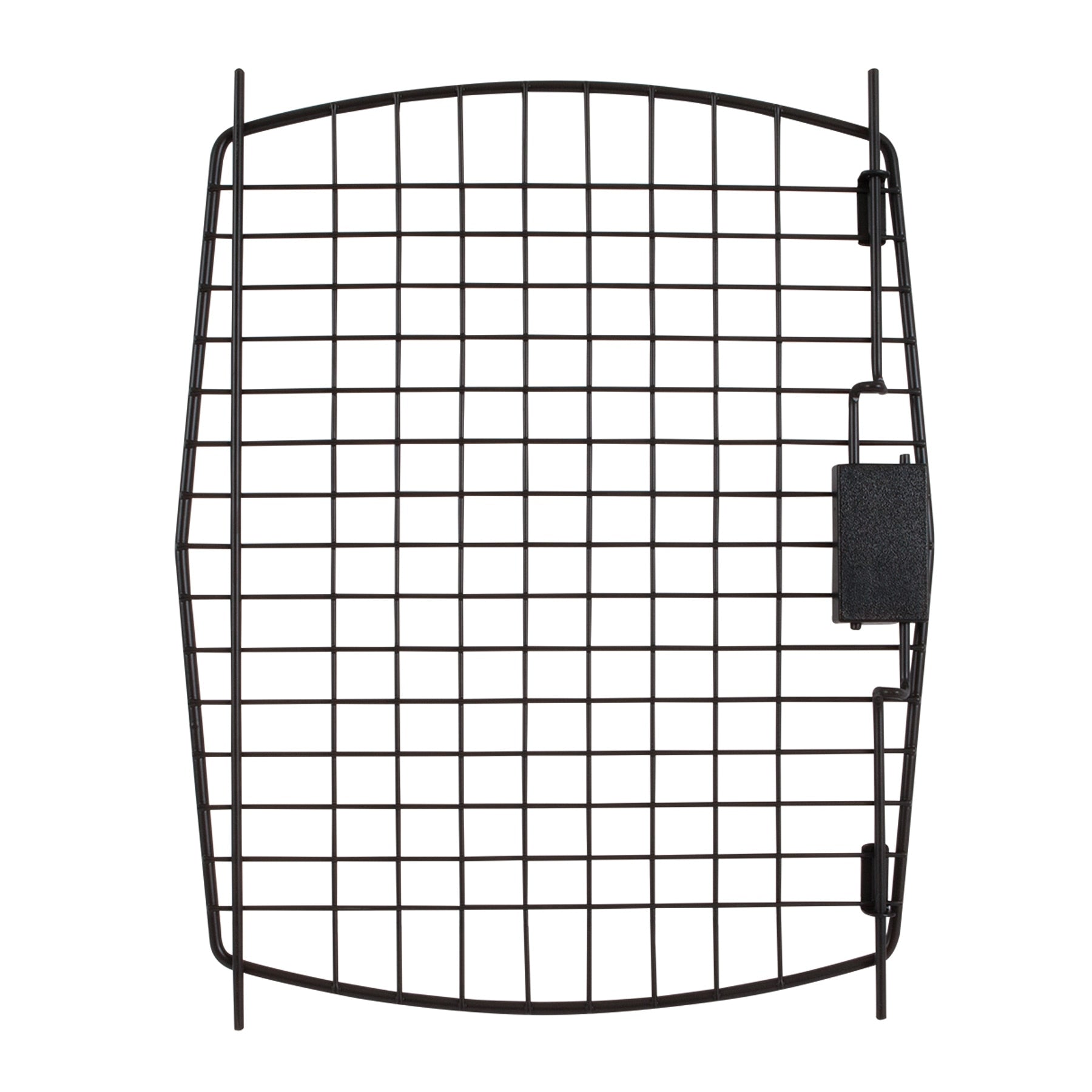 The Petmate Bargain Hound & Aspen Pet New Tradition Kennel Replacement Door, in a rectangular black metal grid design, has a right-side latch. Its horizontal and vertical bars create a mesh pattern, beautifully photographed on a white background.