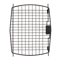 The Petmate Bargain Hound & Aspen Pet New Tradition Kennel Replacement Door, in a rectangular black metal grid design, has a right-side latch. Its horizontal and vertical bars create a mesh pattern, beautifully photographed on a white background.