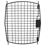 A black metal grid shelf with rectangular openings resembles a kennel door by Petmate, featuring a right protruding section. Its curved top and bottom, with intersecting lines, mimic the efficient design of Aspen Pet Porter crates.