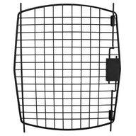 A black metal grid shelf with rectangular openings resembles a kennel door by Petmate, featuring a right protruding section. Its curved top and bottom, with intersecting lines, mimic the efficient design of Aspen Pet Porter crates.