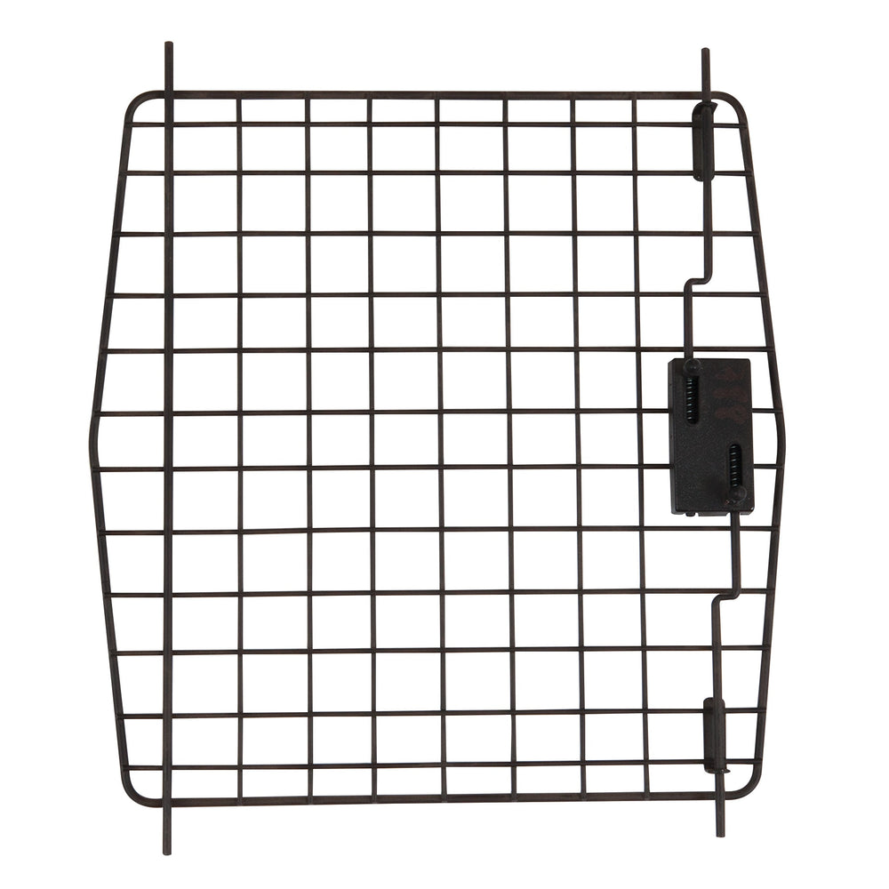 The Petmate Petco Classic Small Animal Kennel Replacement Door is a black metal grid panel with a latch mechanism on one side. It has evenly spaced bars forming square openings and slightly curved sides for a proper fit.