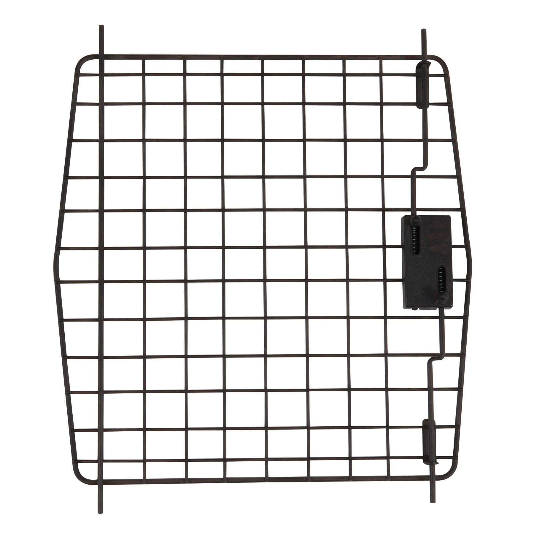 The Petmate Petco Classic Small Animal Kennel Replacement Door is a black metal grid panel with a latch mechanism on one side. It has evenly spaced bars forming square openings and slightly curved sides for a proper fit.