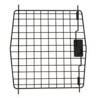 The Petmate Petco Classic Small Animal Kennel Replacement Door is a black metal grid panel with a latch mechanism on one side. It has evenly spaced bars forming square openings and slightly curved sides for a proper fit.