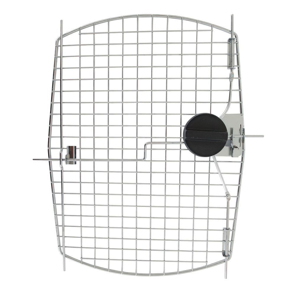 The Petmate Vaulted Replacement Door for 40 Plastic Kennels is a metal mesh guard with a circular opening on the right side and a latch mechanism, perfect for securing fans or vents with its sturdy wire frame.
