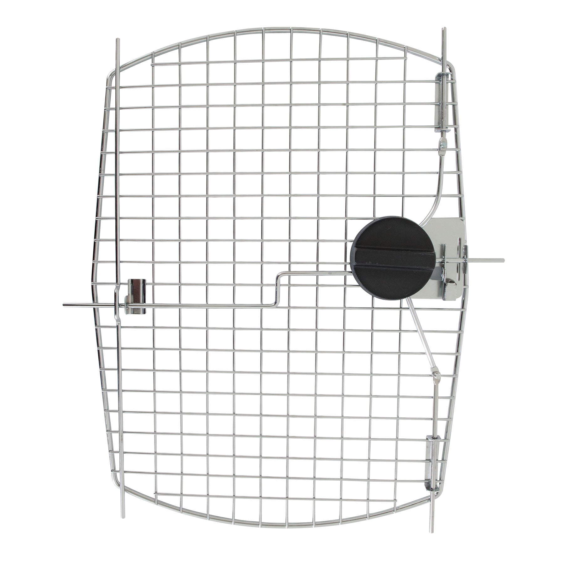 The Petmate Vaulted Replacement Door for 40 Plastic Kennels is a metal mesh guard with a circular opening on the right side and a latch mechanism, perfect for securing fans or vents with its sturdy wire frame.