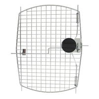 The Petmate Vaulted Replacement Door for 40 Plastic Kennels is a metal mesh guard with a circular opening on the right side and a latch mechanism, perfect for securing fans or vents with its sturdy wire frame.