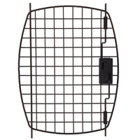 The Black Replacement Door for 24 Plastic Kennels by Petmate is a metal grid panel with curved edges, featuring a latch on the right side. It serves as an ideal replacement door and is set against a plain white background.