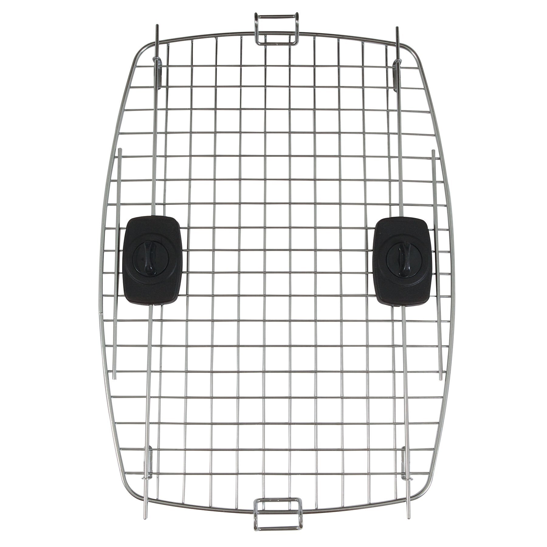A shiny rectangular wire rack with a grid pattern and two adjustable black clips is compatible with Petmate Compass Kennel Replacement Doors or can rest securely on your grill. The top-down image showcases its sleek metal finish.