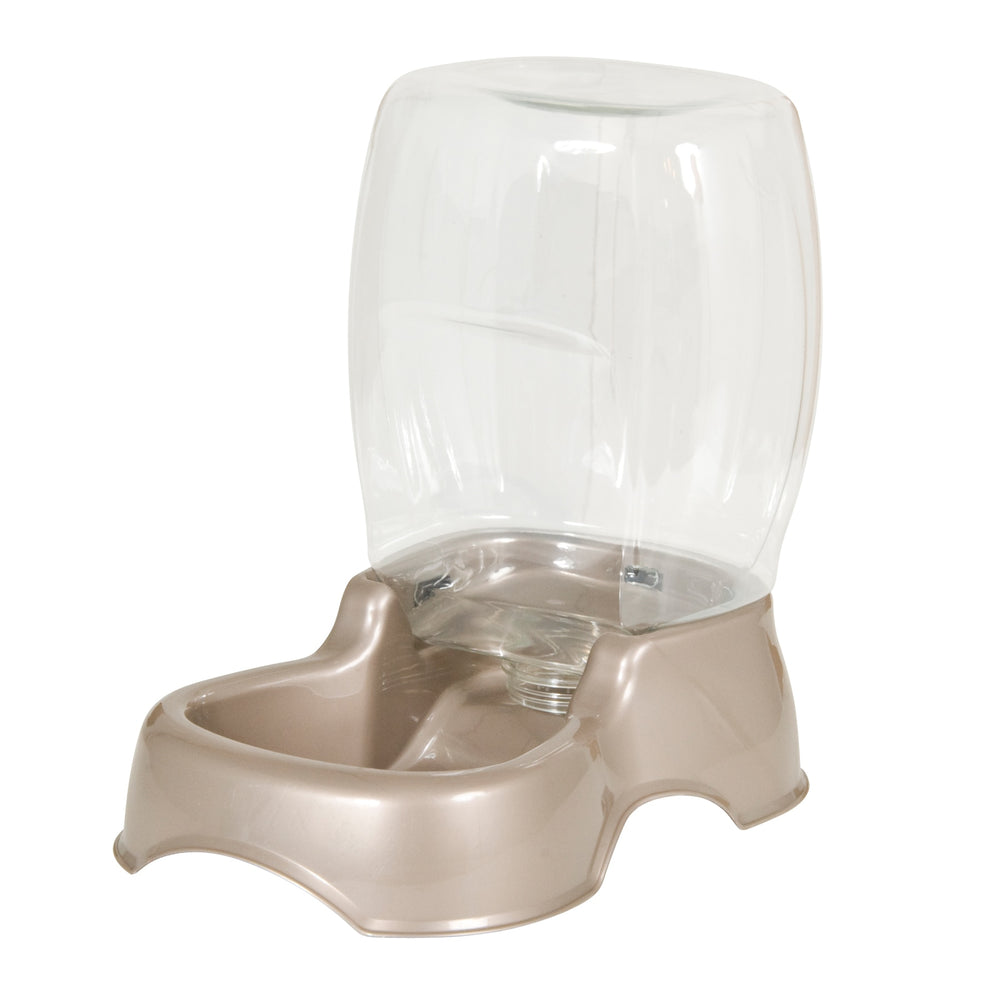 The Petmate Pet Cafe Gravity Water Bowl features a brown and clear plastic design with an automatic gravity feed, ensuring eco-efficient hydration for your pet even when youre away.