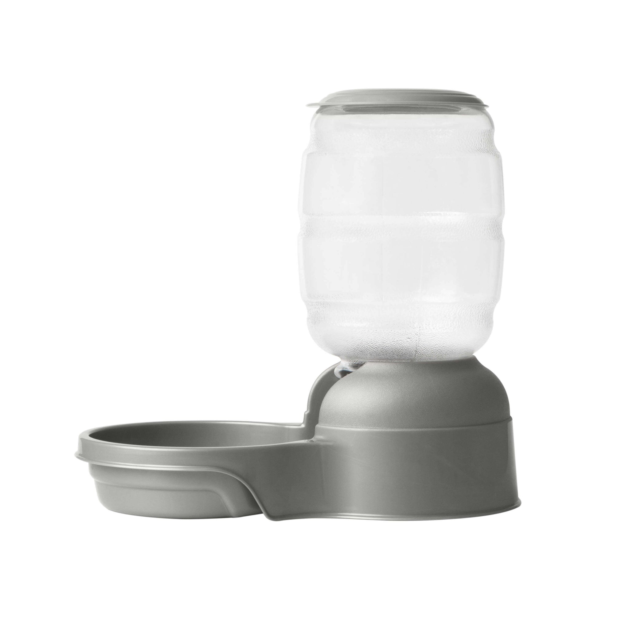 The Petmate Replendish Pet Feeder With Microban by Petmate is a gray automatic feeder with a large transparent reservoir and an antimicrobial-protected bowl, shown isolated on a white background.