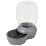 The Petmate Replendish Pet Waterer With Microban by Petmate is a gray plastic waterer featuring antimicrobial protection with a large transparent container that gradually fills the bowl. Its compact design is ideal for keeping pets hydrated.