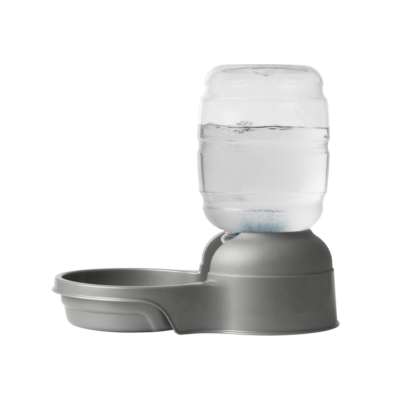 The Petmate Replendish Pet Waterer With Microban by Petmate is a gray automatic pet water dispenser with a clear bottle and filter, designed to keep your pet’s bowl refilled and water fresh. Shown on a white background.