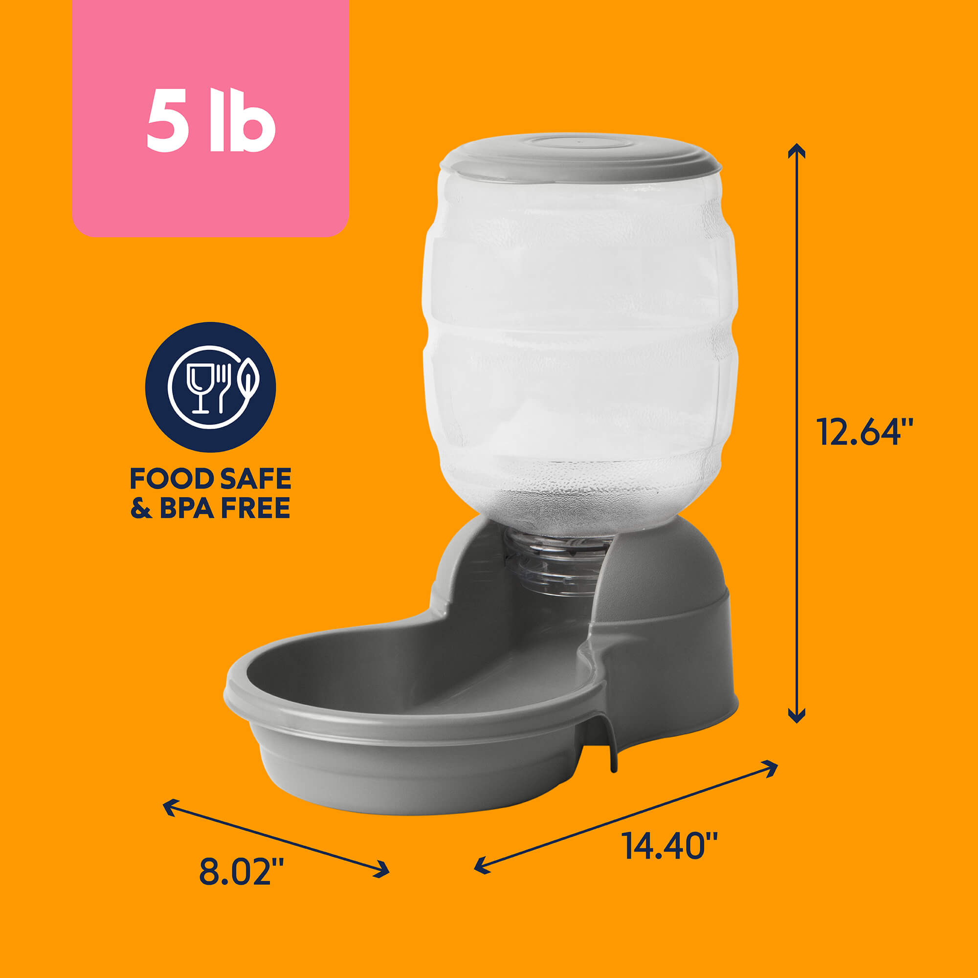 The Petmate Replendish Pet Feeder With Microban by Petmate, a grey automatic feeder with a clear 5 lb bottle, sits on an orange background. It's food-safe, BPA free, and measures 12.64"H x 14.40"L x 8.02"W.
