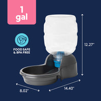 The Petmate Replendish Pet Waterer With Microban by Petmate is a 1-gallon, BPA-free, food-safe water dispenser with antimicrobial protection. It features a clear container on a gray base and measures 12.27"H x 14.40"L x 8.02"W.
