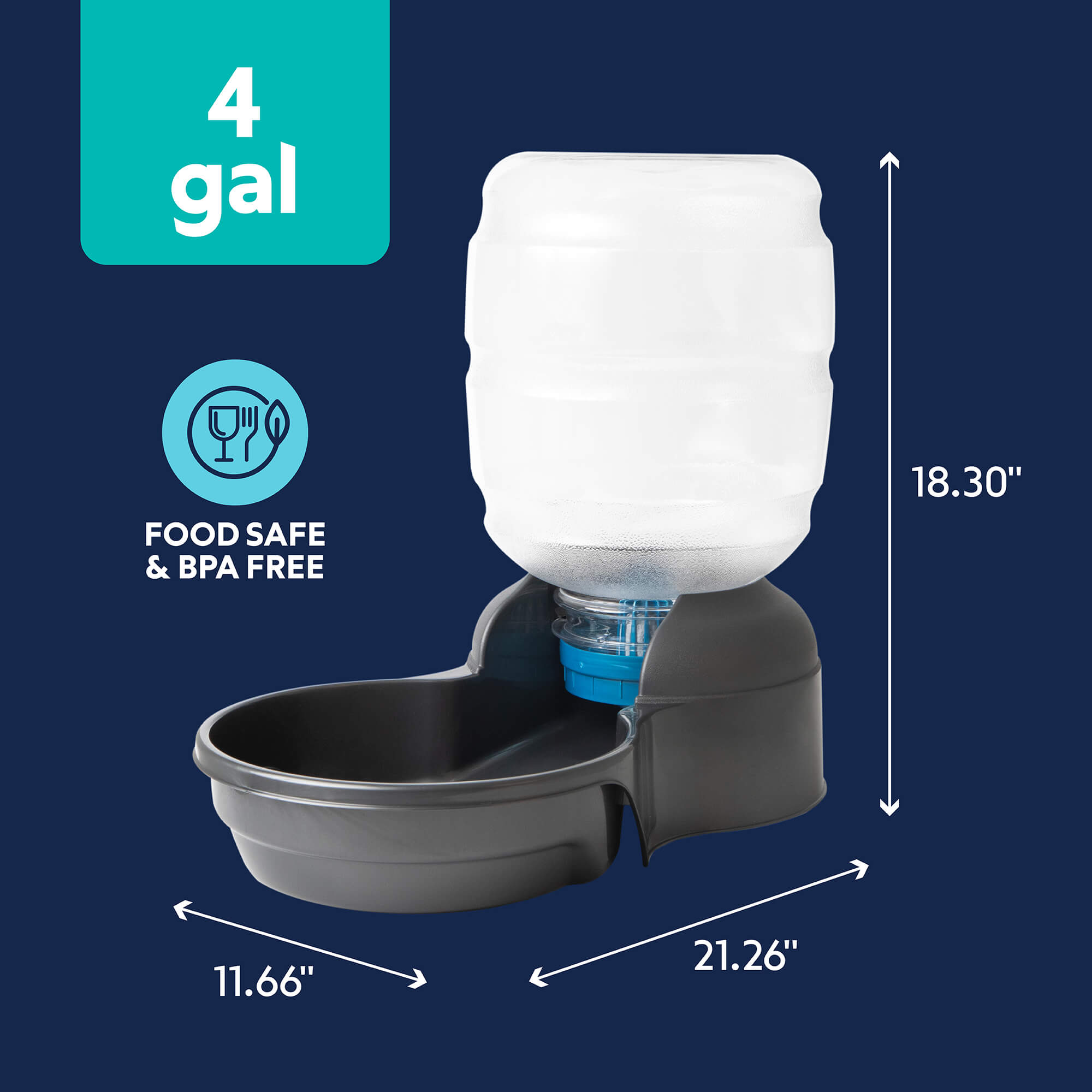 The Petmate Replendish Pet Waterer With Microban by Petmate features a clear 4-gallon bottle, gray base, food safe BPA-free materials, and Microban antimicrobial protection. Size: 18.3"H x 21.26"L x 11.66"W (dark blue background).