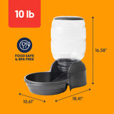 The Petmate Replendish Pet Feeder With Microban by Petmate features a clear 10 lb capacity bottle on a gray base (16.58"H x 10.61"W x 18.41"L). Food safe, BPA free, with antimicrobial protection. Shown on an orange background.
