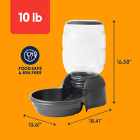 The Petmate Replendish Pet Feeder With Microban by Petmate features a clear 10 lb capacity bottle on a gray base (16.58"H x 10.61"W x 18.41"L). Food safe, BPA free, with antimicrobial protection. Shown on an orange background.