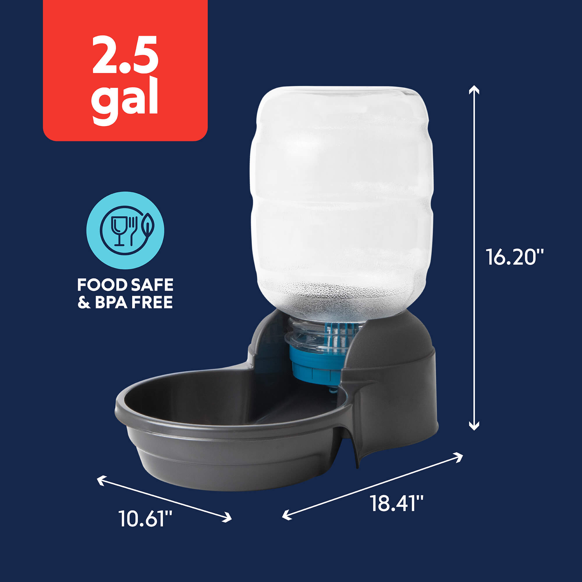 The Petmate Replendish Pet Waterer with Microban by Petmate holds 2.5 gallons, measures 16.2" tall, 18.41" long, and 10.61" wide, is BPA-free, food safe, and features Microban antimicrobial protection on a dark blue background.