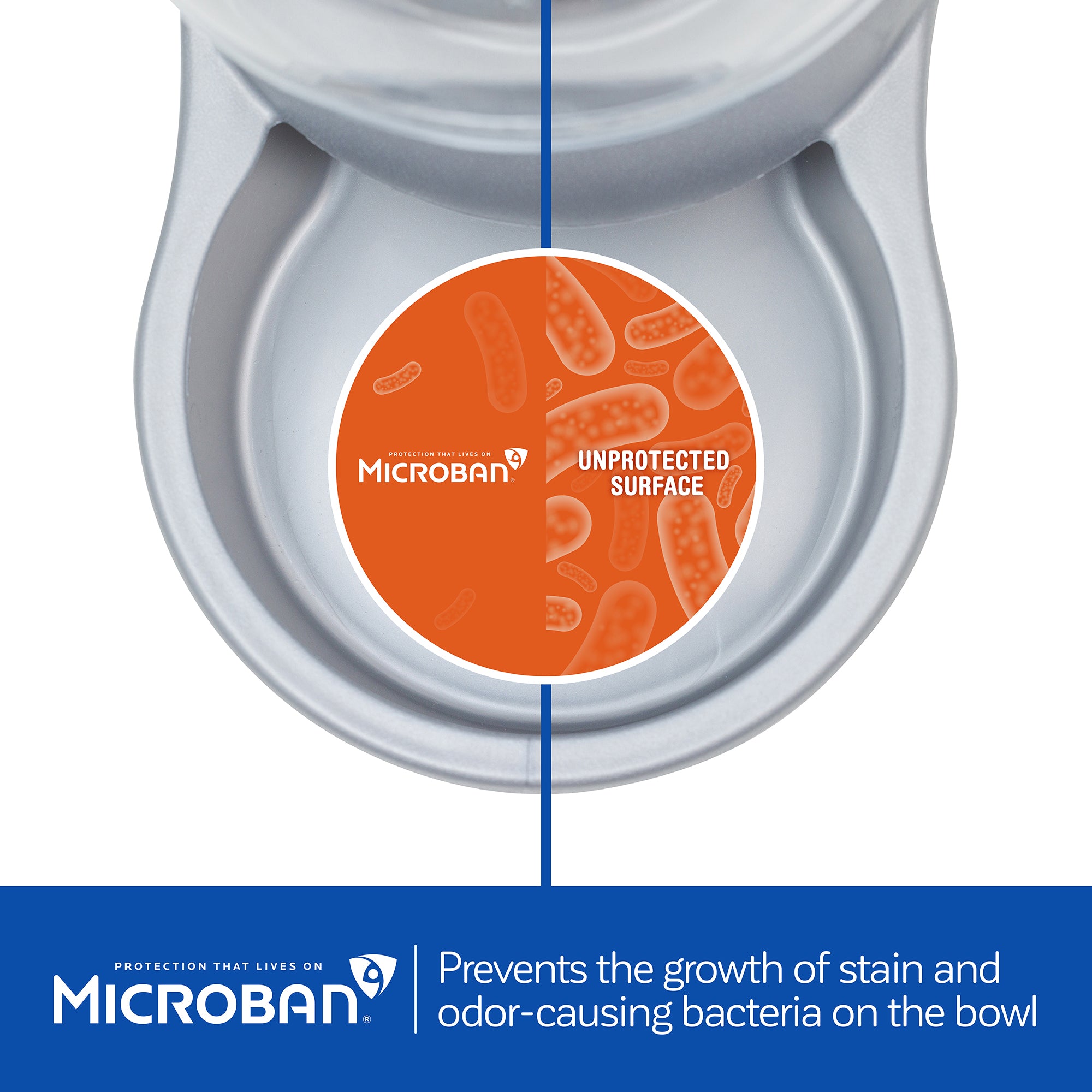 The Petmate Replendish Pet Waterer With Microban features a divided surface: a blue side with Microban Antimicrobial Protection and an orange side with bacteria illustrations, highlighting the antimicrobial benefits.