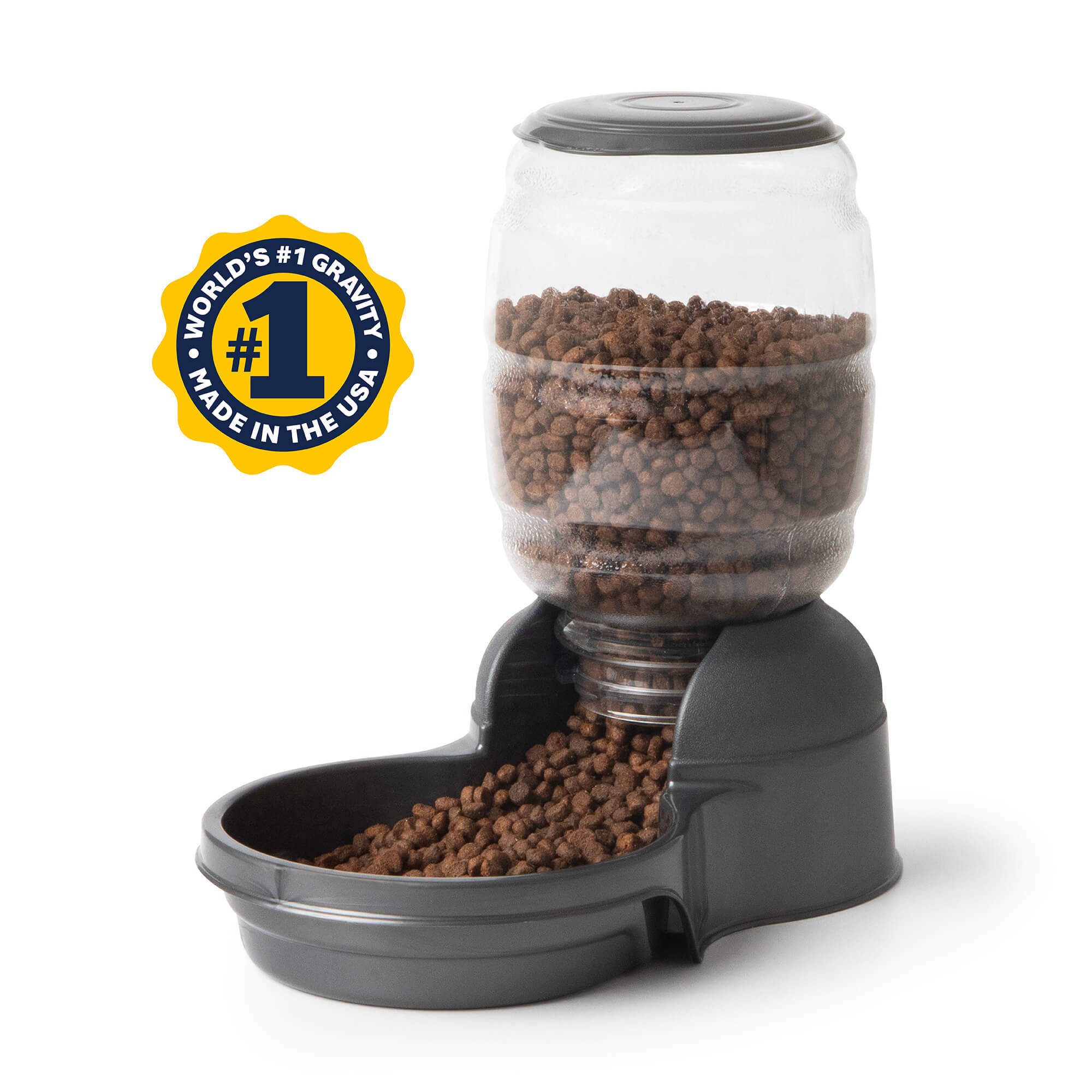 The Petmate Replendish Pet Feeder With Microban features a clear plastic top, a black base filled with brown kibble, antimicrobial protection, and a label stating "World's #1 Gravity Feeder, Made in the USA.