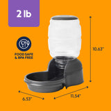 The Petmate Replendish Pet Feeder With Microban by Petmate is a clear, plastic gravity feeder with a black base shown on an orange background. It holds 2 lb, stands 10.63" tall, is BPA free, food safe, and features Microban antimicrobial protection.