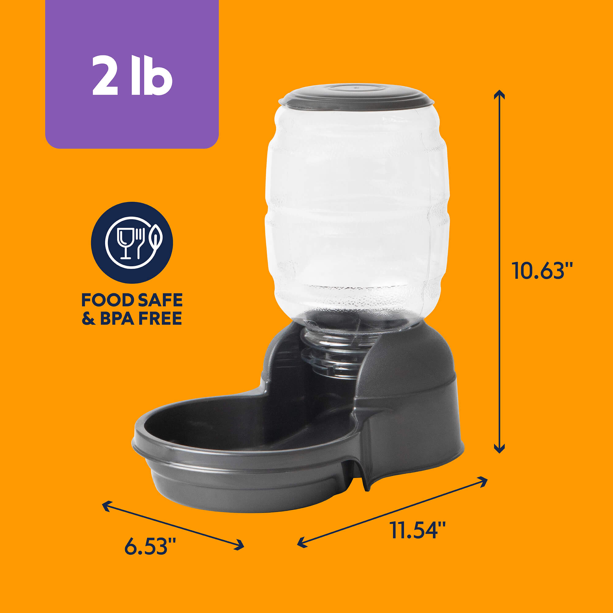The Petmate Replendish Pet Feeder With Microban by Petmate is a clear, plastic gravity feeder with a black base shown on an orange background. It holds 2 lb, stands 10.63" tall, is BPA free, food safe, and features Microban antimicrobial protection.