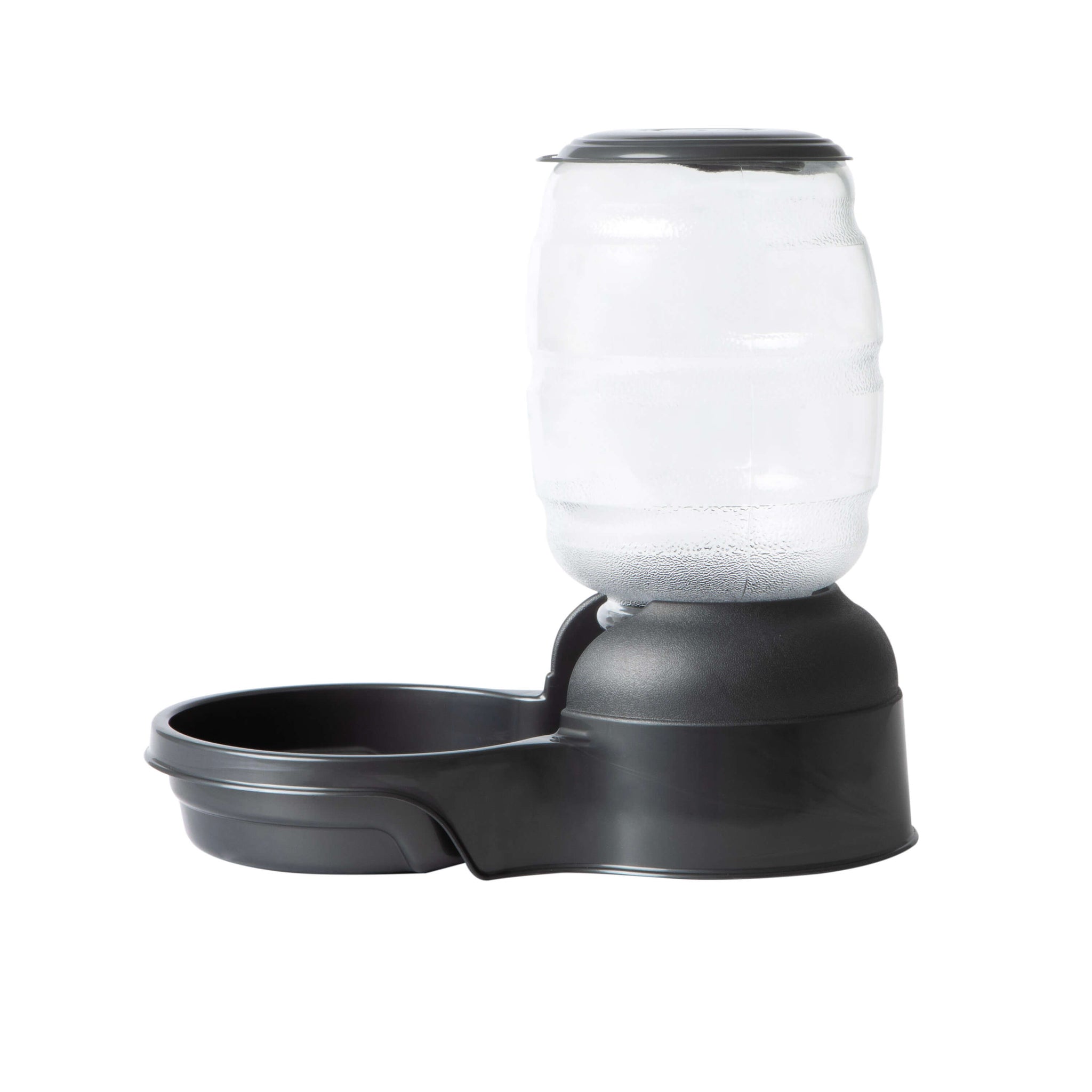 The Petmate Replendish Pet Feeder With Microban by Petmate is a black gravity feeder and water dispenser with a clear plastic reservoir and round base, offering antimicrobial protection. Shown isolated on a white background.