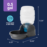 The Petmate Replendish 0.5 Gallon Filtered Pet Waterer by Petmate is a BPA-free, food-safe automatic dispenser with gravity refill and a transparent bottle, measuring 11.54"H x 10.42"L x 6.53"W on a gray base for pet hydration.