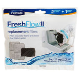 The Petmate Fresh Flow II Charcoal & Debris Filter pack includes two charcoal filters and a debris filter, highlighted by an image of a dog enjoying the fountains dual filtration for cleaner water.