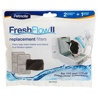 The Petmate Fresh Flow II Charcoal & Debris Filter pack includes two charcoal filters and a debris filter, highlighted by an image of a dog enjoying the fountains dual filtration for cleaner water.