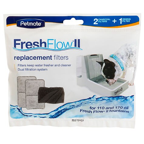The Petmate Fresh Flow II Charcoal & Debris Filter pack includes two charcoal filters and a debris filter, highlighted by an image of a dog enjoying the fountains dual filtration for cleaner water.
