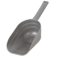 The Petmate Pet Food Scoop With Microban, by Petmate, is a gray plastic scoop with a long handle and deep basin for measuring grains or pet food. Featuring Microban antimicrobial protection, it offers cleanliness and durability against a white backdrop.