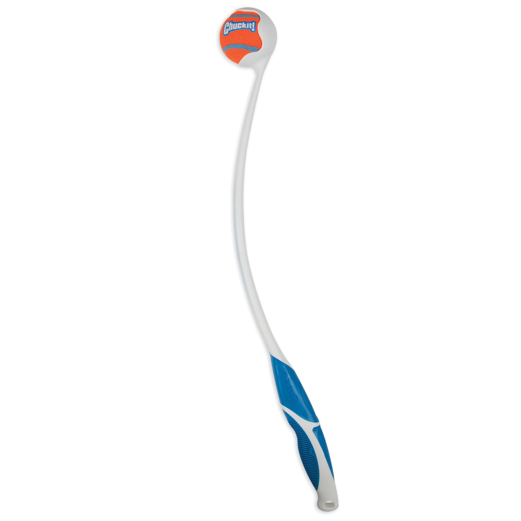 The Chuckit! Pro Launcher by Chuckit is a durable white and blue plastic ball launcher great for fetch. It features an ergonomic grip handle and comes with an orange tennis ball with blue accents.