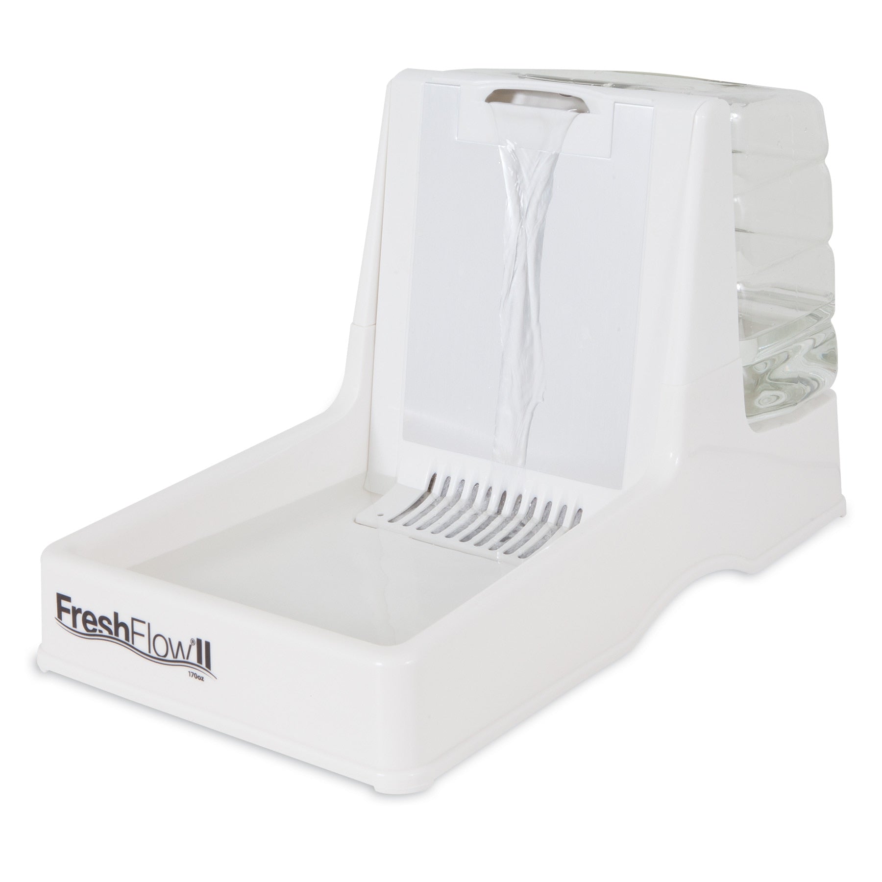 Discover the Petmate Fresh Flow II Dog & Cat Water Fountain, boasting an elegant no-splash waterslide design and a detachable reservoir. Your pet will relish smoothly cascading filtered water, guaranteeing freshness with each sip.