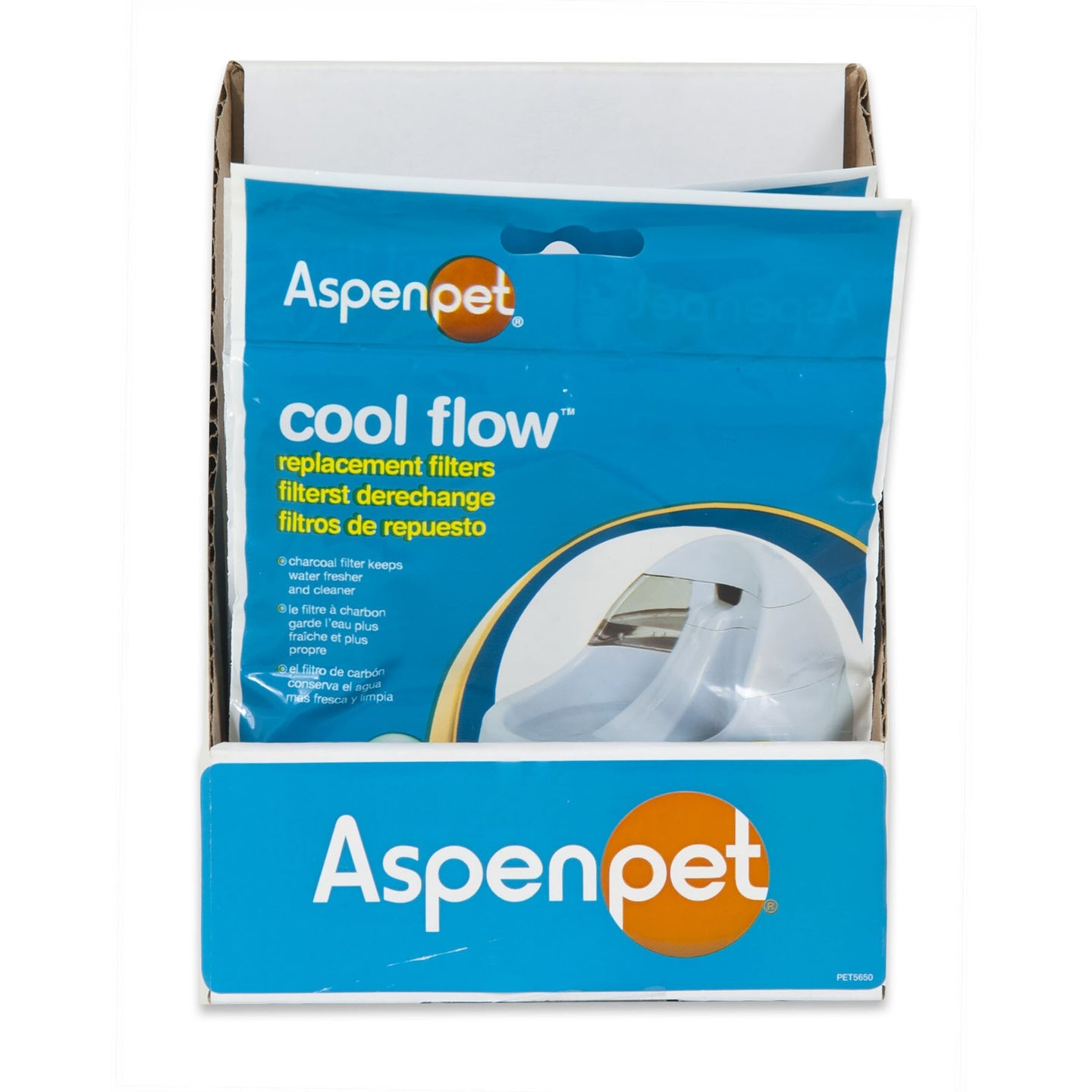 The Aspen Pet Cool Flow Replacement Filters are presented in a blue retail box with white text and an image of a pet fountain. These charcoal filters by Aspen Pet ensure your pet enjoys fresh, clean water.