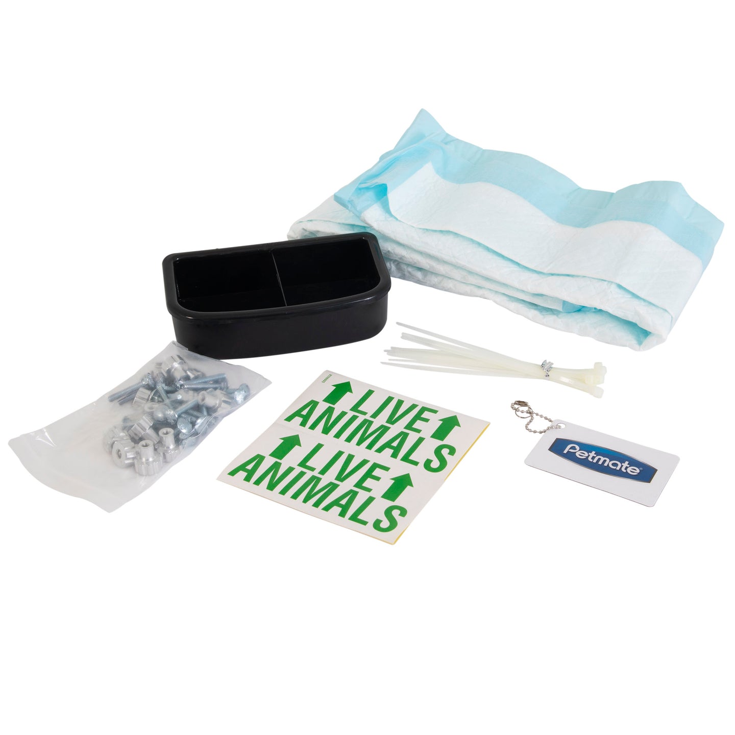 The Petmate Kennel Airline Travel Kit by Petmate is ideal for airline travel, including a black food and water container, absorbent pads, metal hardware, zip ties, two Live Animals stickers, and a Petmate tag to enhance your kennel accessories collection.