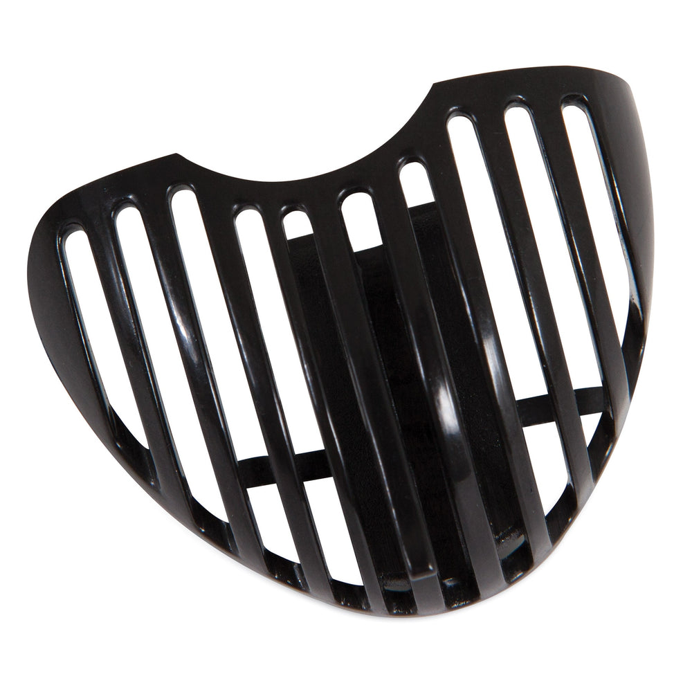 A black slotted plastic grill, similar to the Petmate Fresh Flow Replacement Strainer, featuring a curved design with evenly spaced vertical bars.