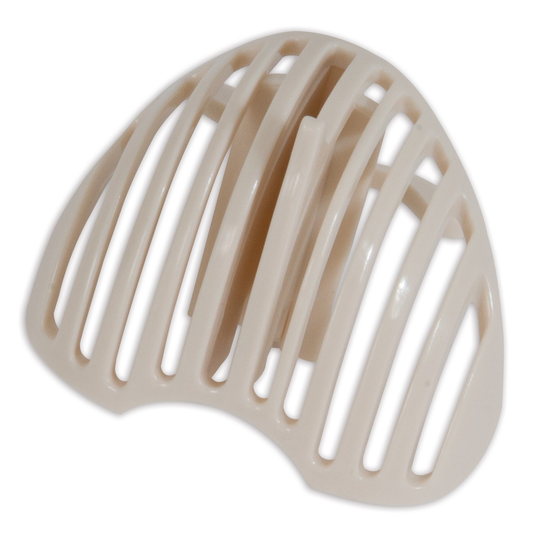 The Petmate Fresh Flow Replacement Strainer is a beige, lightweight, curved plastic piece with parallel slits. Its symmetrical design resembles a vent cover and fits perfectly in the Petmate Fresh Flow Fountain.