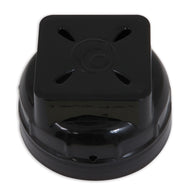 The Petmate Replendish Replacement Filter Cap/Lid X-Small & Small is a black, round cap with ribbed sides, square top, four teardrop vents, and a center logo—ideal as a waterer part or cap replacement for Replendish pet waterers.