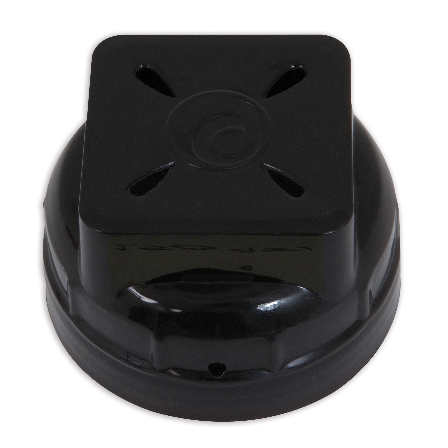 The Petmate Replendish Replacement Filter Cap/Lid X-Small & Small is a black, round cap with ribbed sides, square top, four teardrop vents, and a center logo—ideal as a waterer part or cap replacement for Replendish pet waterers.