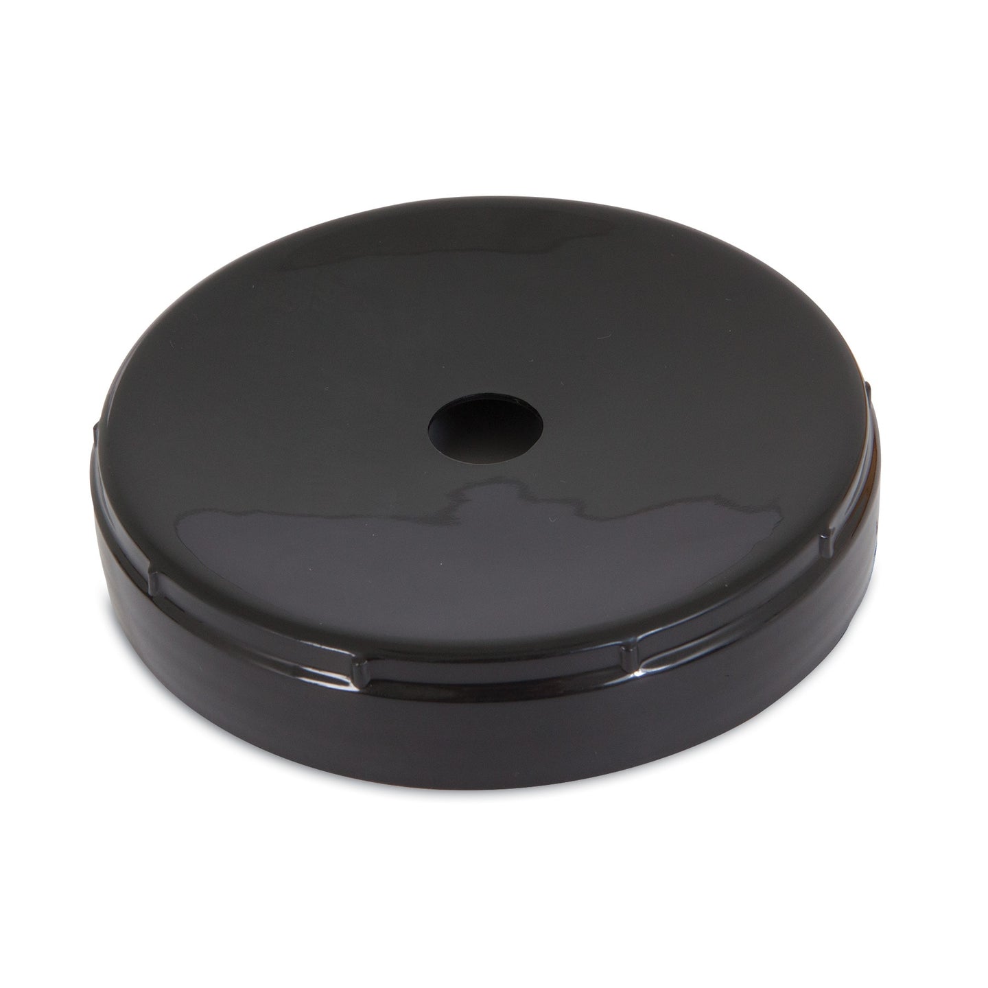 A Large Lebistro Gravity Waterer Replacement Cap by Aspen Pet, this round, black disc features a glossy finish and center hole with slightly raised edges, resembling Aspen Pets sleek design.