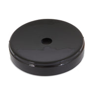 A Large Lebistro Gravity Waterer Replacement Cap by Aspen Pet, this round, black disc features a glossy finish and center hole with slightly raised edges, resembling Aspen Pets sleek design.