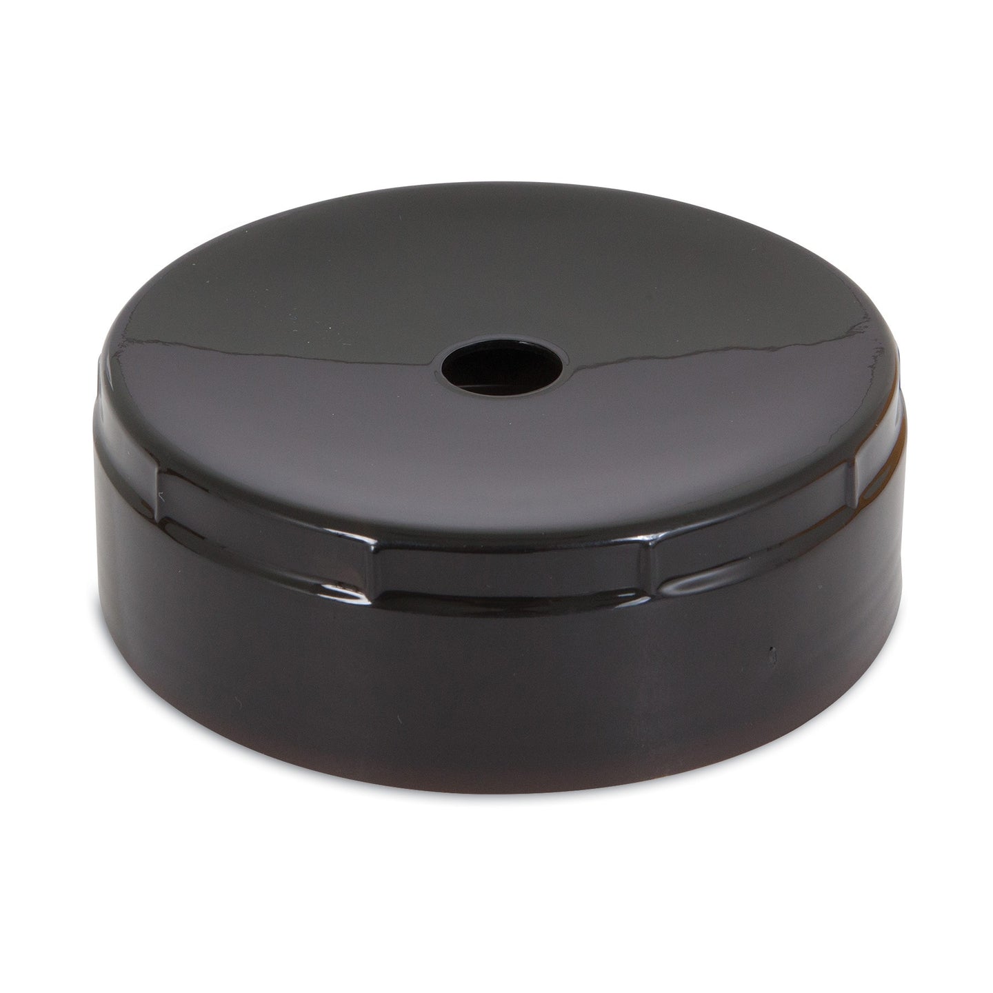 A glossy black, round Replacement Cap/Lid for the Petmate Medium LeBistro Gravity Waterer with a centered top hole, shown at an angle against a white background.