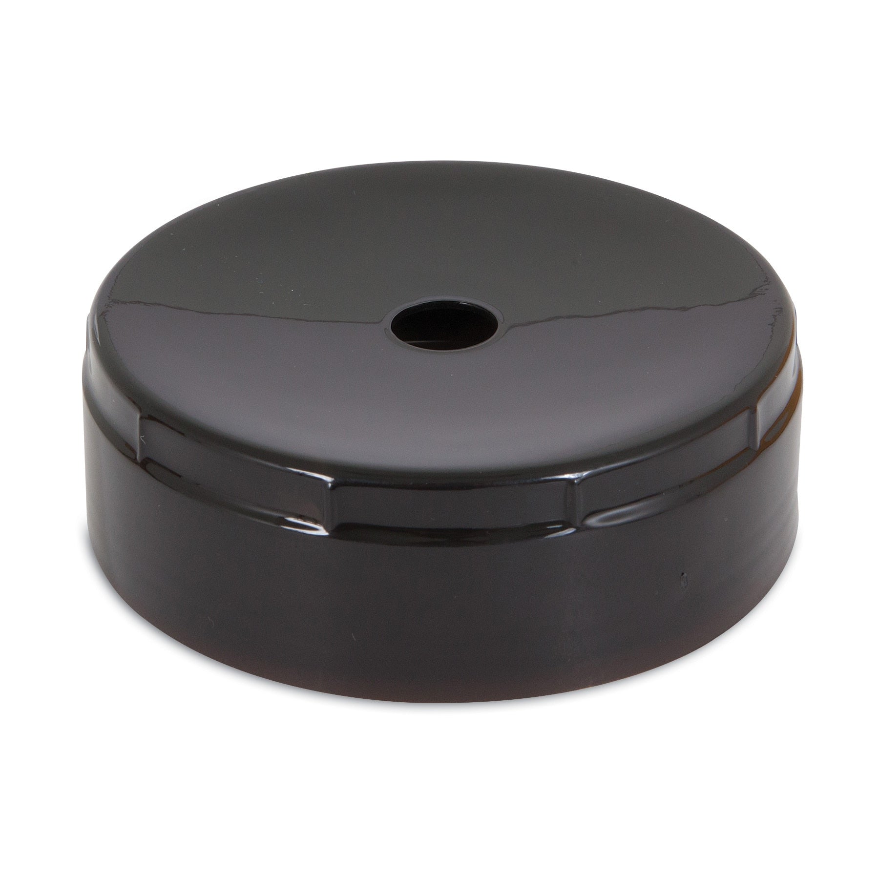 A glossy black, round Replacement Cap/Lid for the Petmate Medium LeBistro Gravity Waterer with a centered top hole, shown at an angle against a white background.